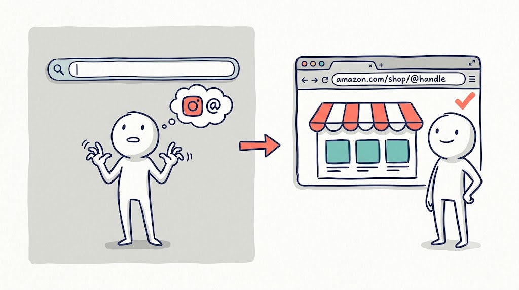 Typing the amazon.com/shop handle URL to open a creator storefront directly