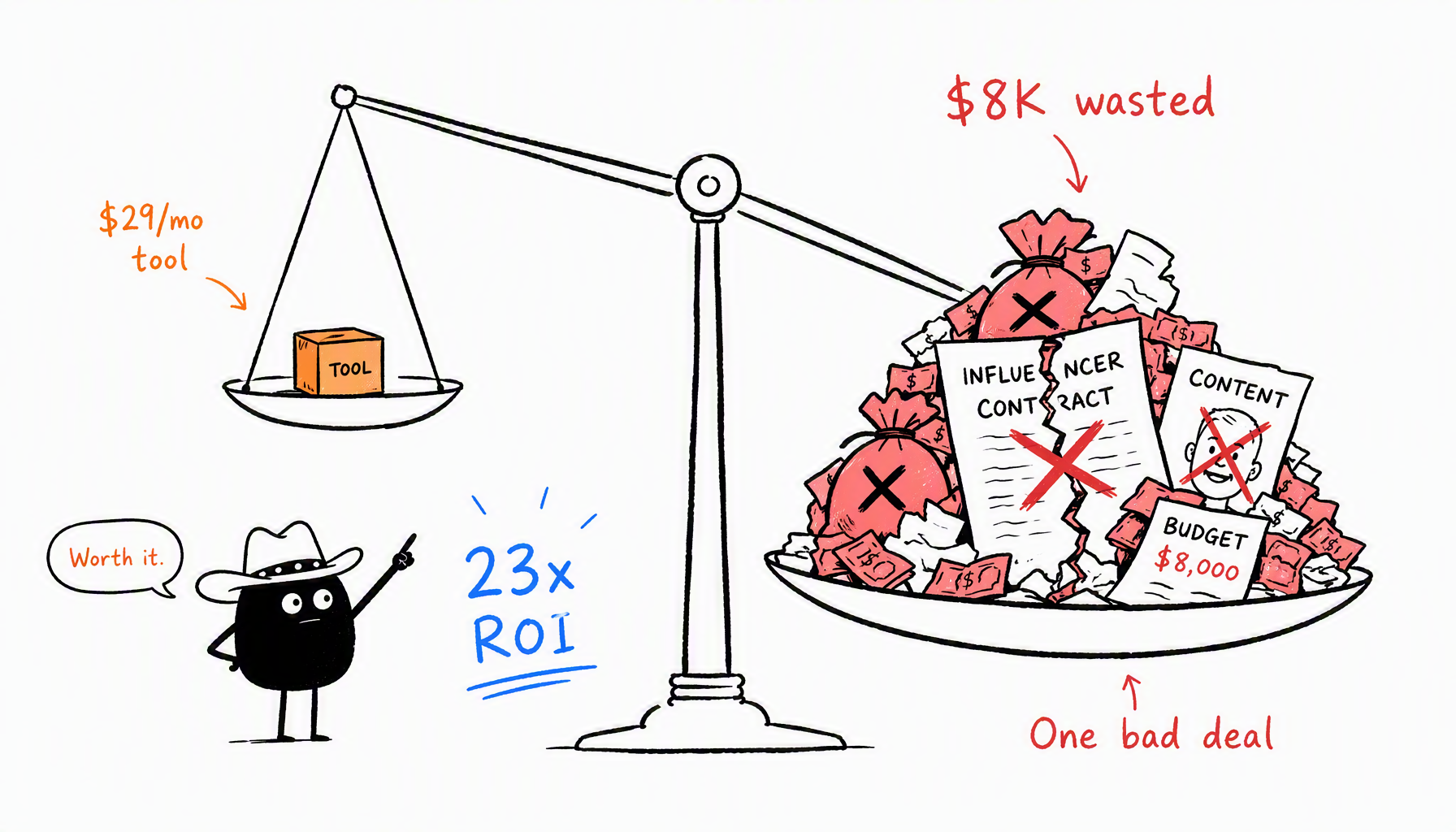 Cost comparison showing $29/month tool subscription vs $8,000 wasted on one bad influencer deal - 23x ROI on tool investment