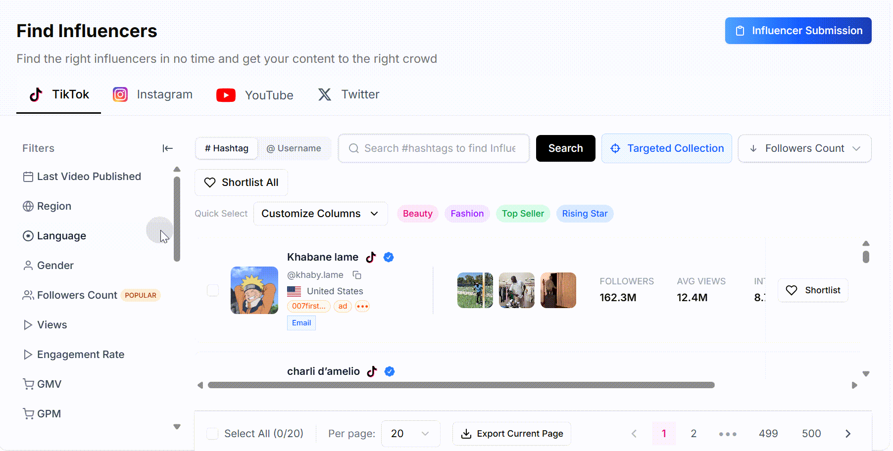 Filtering creators by follower count, category, and region in CreatiVault's Influencer Scout to build a shortlist