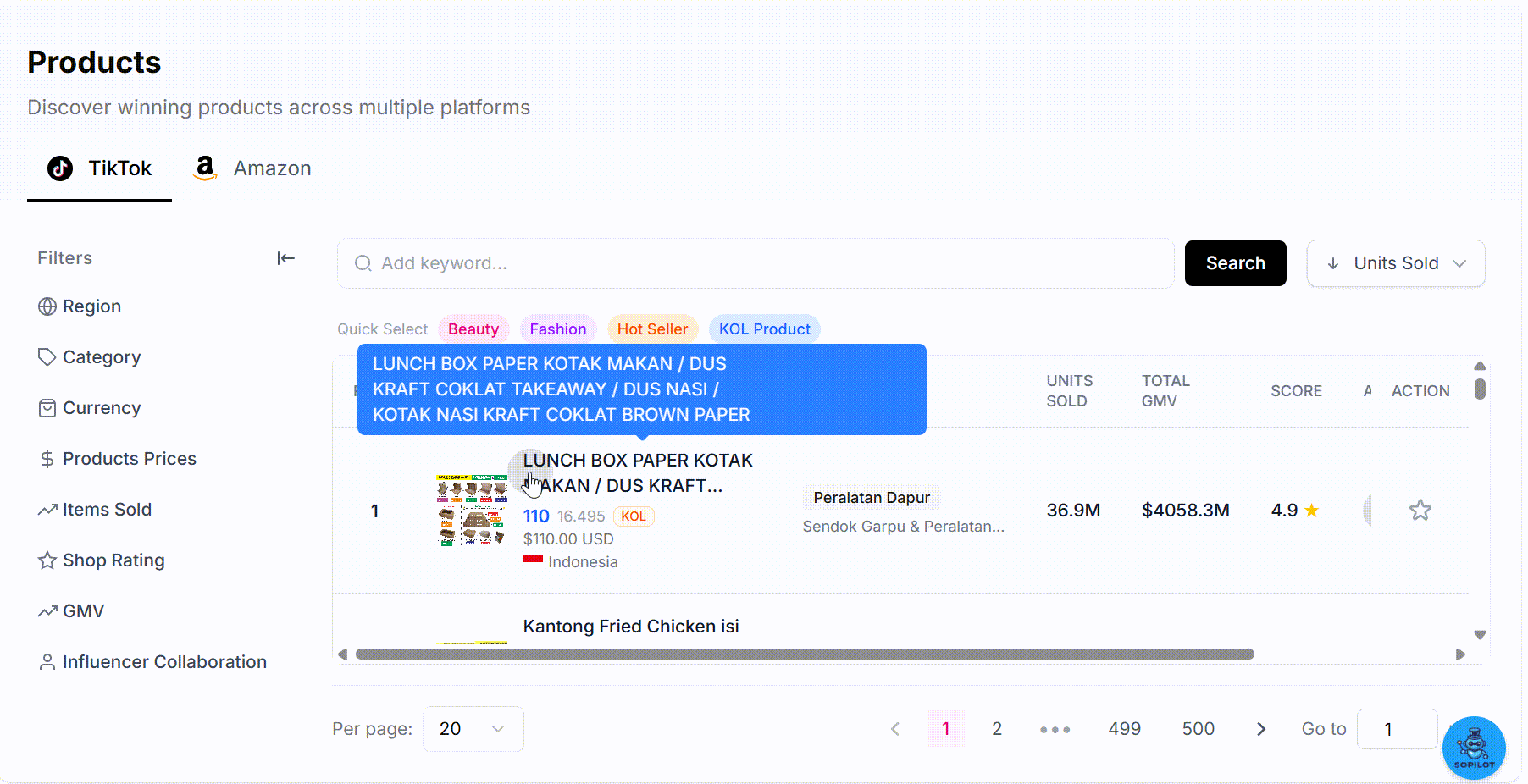 CreatiVault Products dashboard showing TikTok trending products with Units Sold GMV and Score metrics