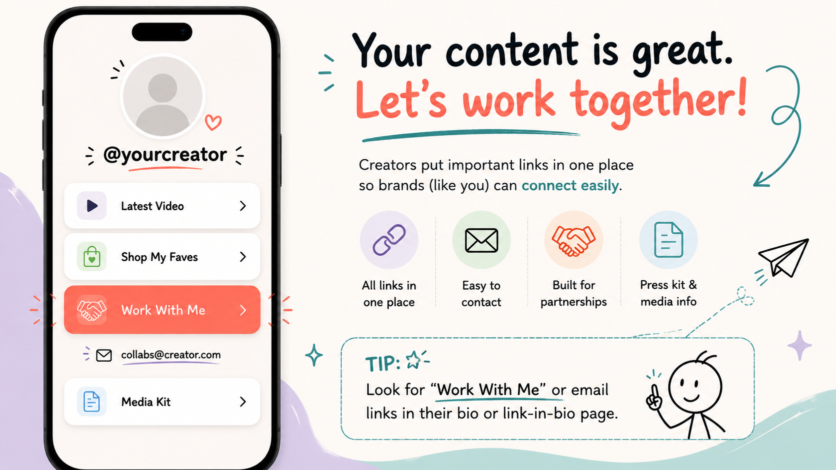 Link-in-bio page listing a creator's business email under a Work With Me section