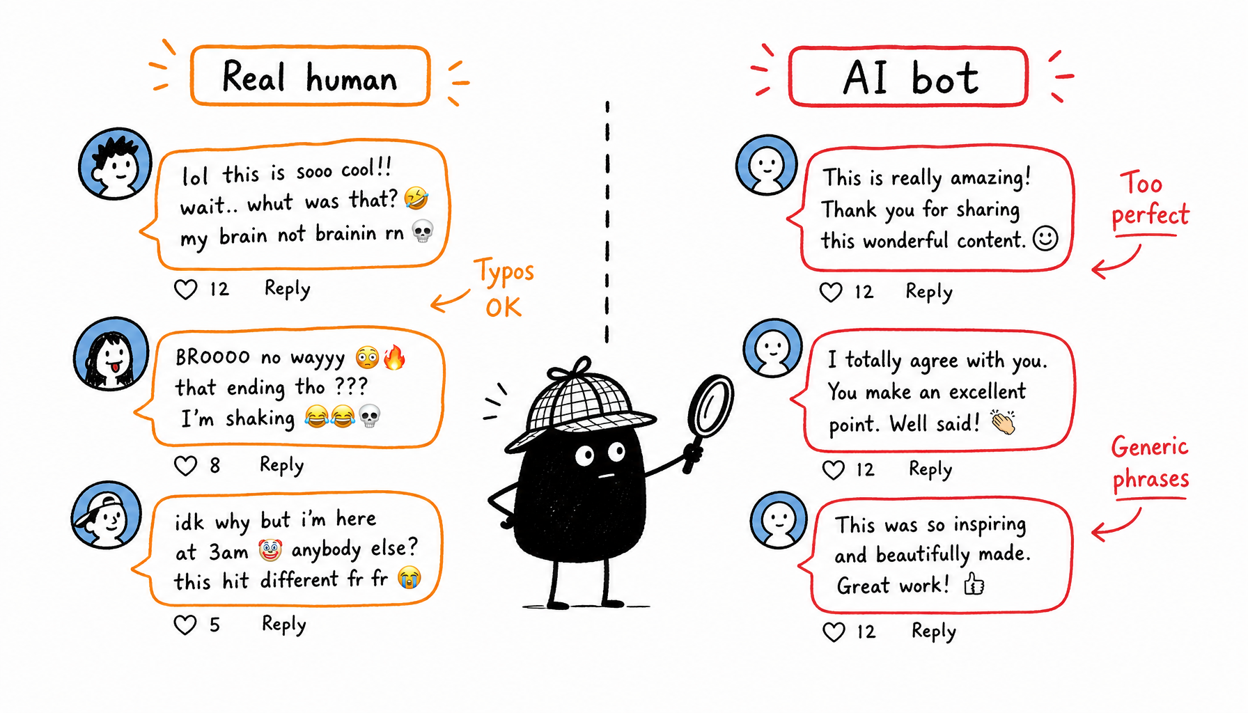 Real human comments vs AI bot comments: real comments have typos, slang, and chaotic emojis while bot comments are grammatically perfect and generic