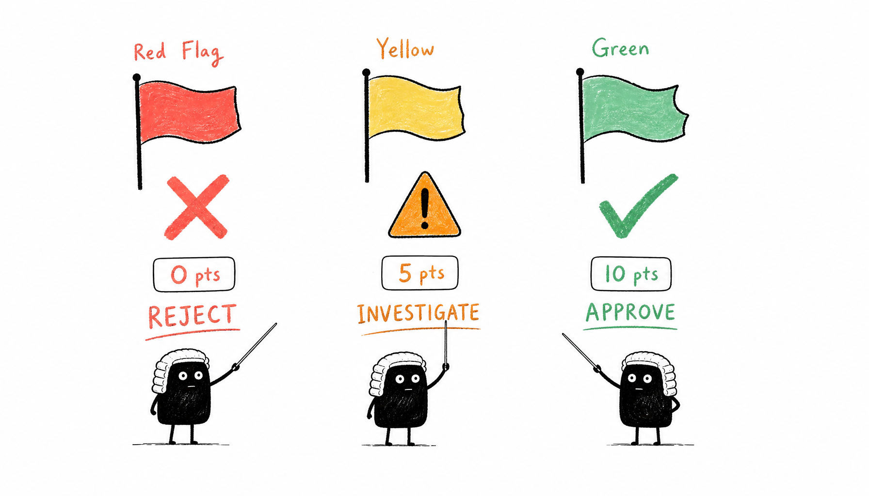Red flag (0 pts/REJECT), yellow flag (5 pts/INVESTIGATE), green flag (10 pts/APPROVE) scoring system — 小黑 in judge hat pointing at each column