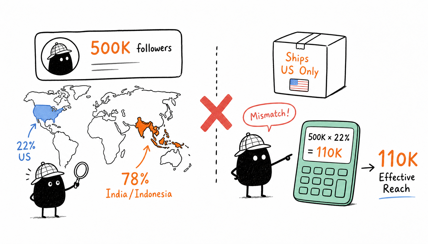 Creator with 500K followers but 78% India/Indonesia audience vs product shipping US only — 小黑 pointing at mismatch, effective reach calculated as 110K not 500K