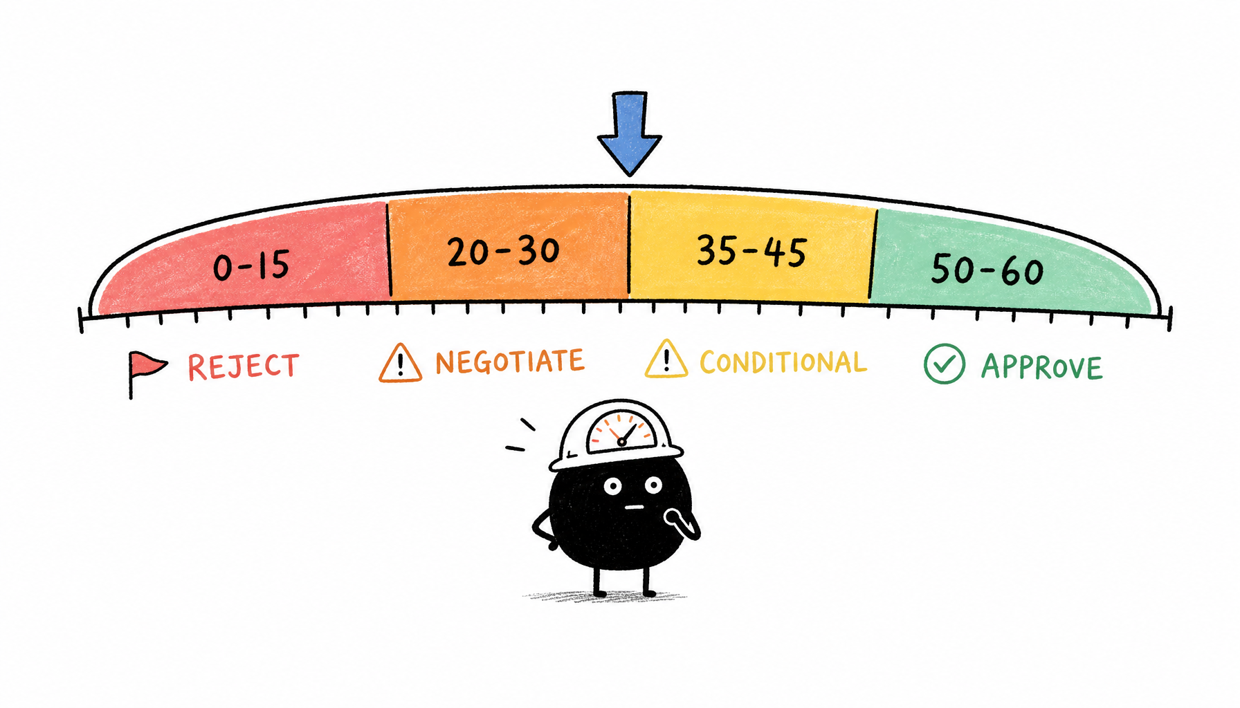 Score threshold gauge: 0-15 REJECT (red), 20-30 NEGOTIATE (orange), 35-45 CONDITIONAL (yellow), 50-60 APPROVE (green) — 小黑 in gauge reader hat examining the meter
