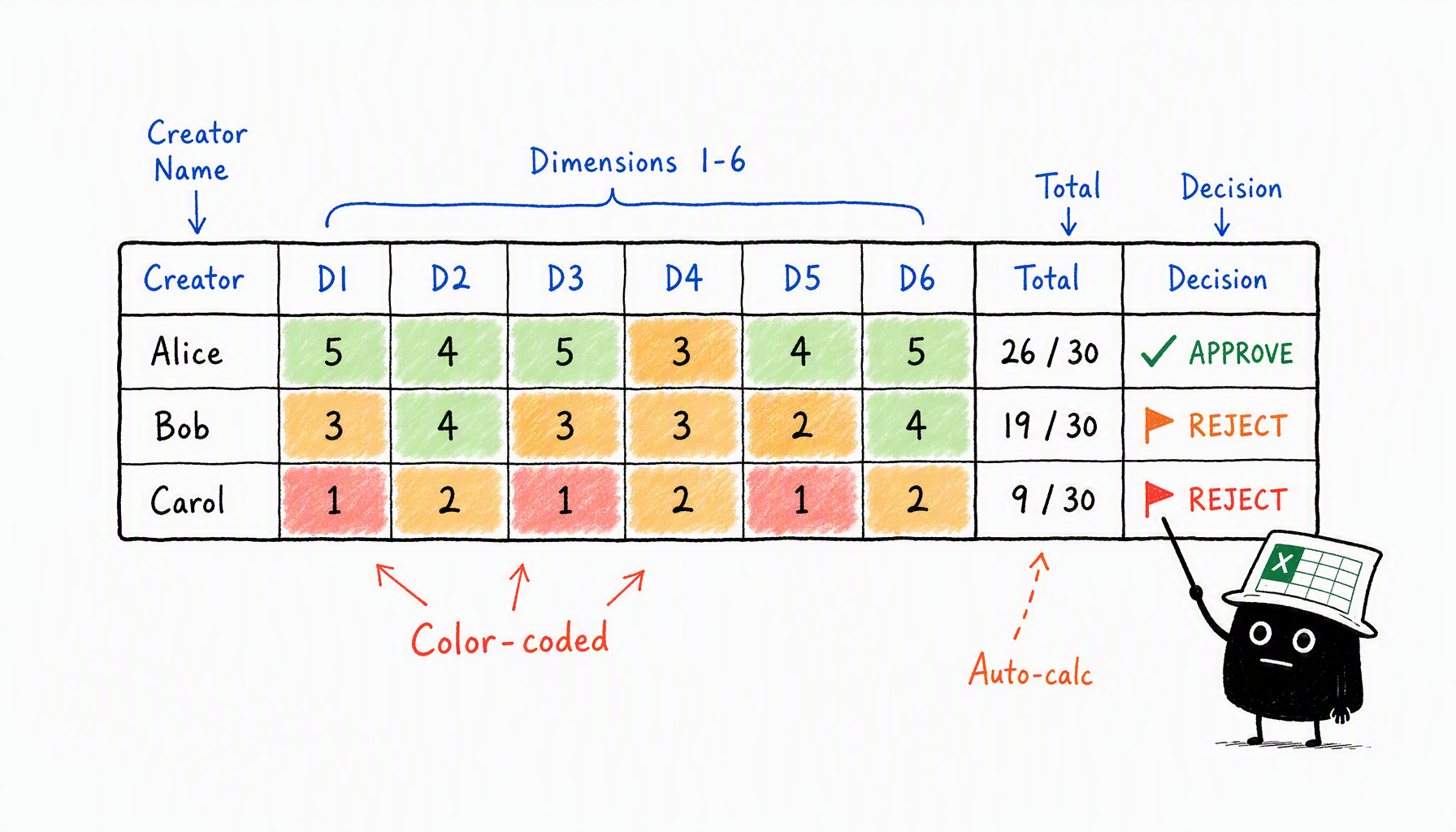Spreadsheet template preview showing 6 dimension columns with color-coded scoring (green/orange/red cells), auto-calculated totals, and approve/reject decision