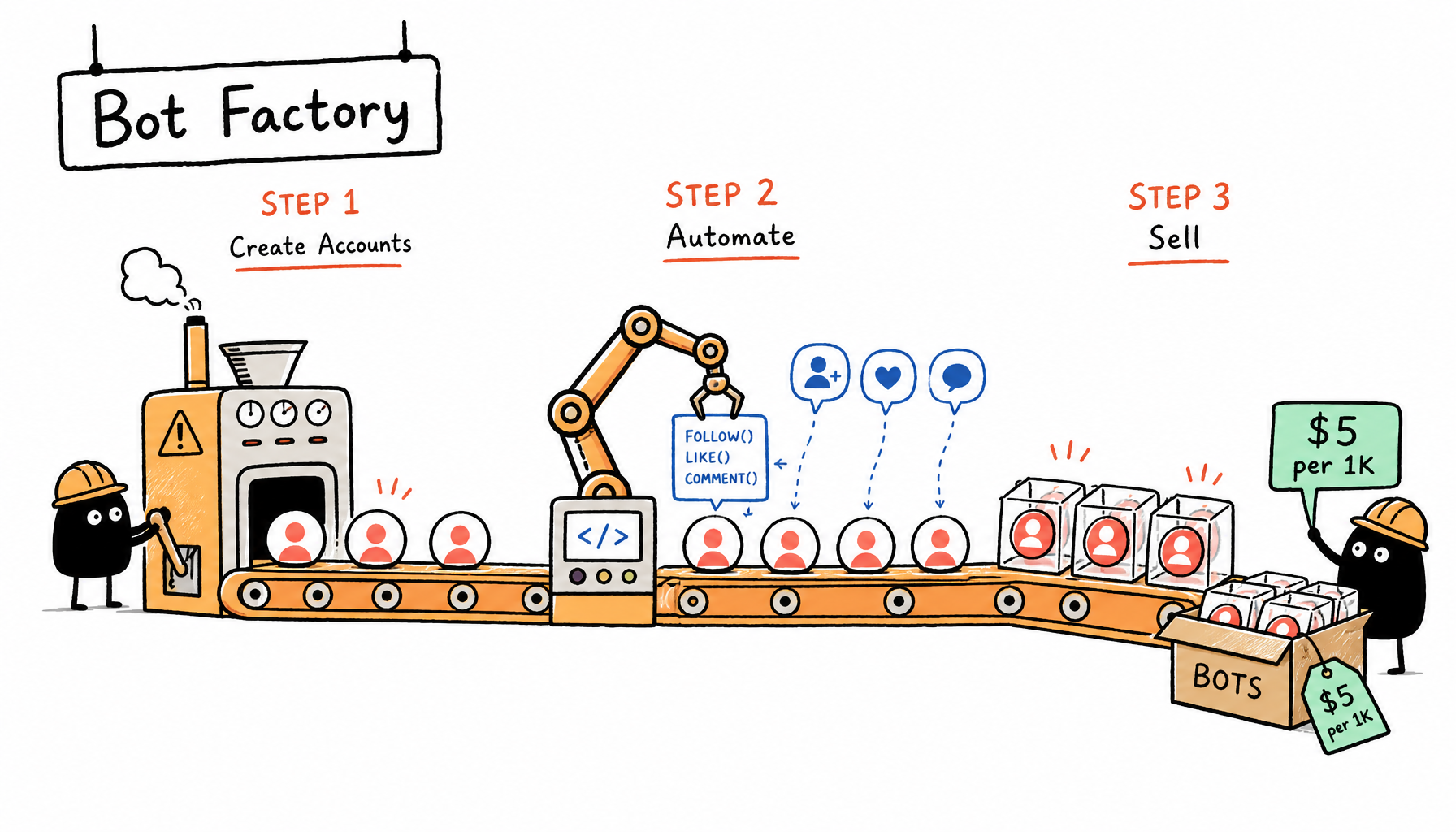 3-step bot factory assembly line: machine creating profile icons → robot arm adding automation scripts → bots packaged and sold with price tags, 小黑 in factory worker hat operating the line