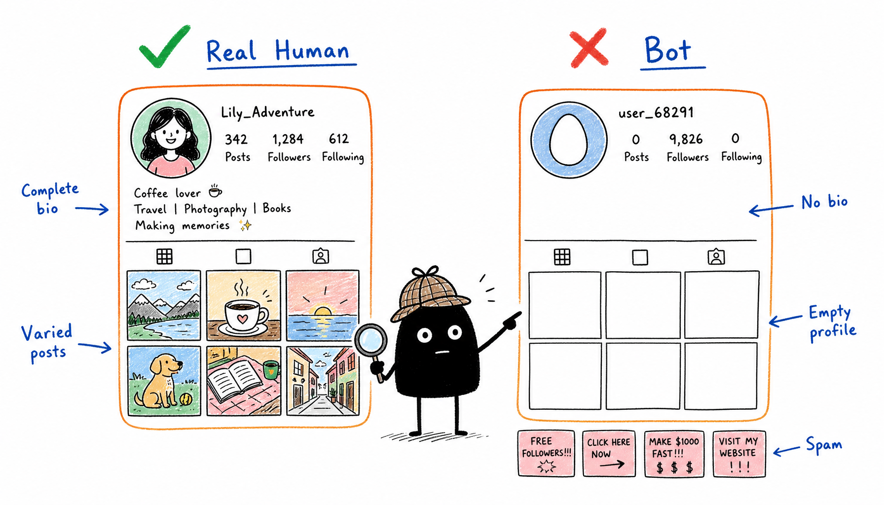 Real human vs bot follower comparison: real profiles have complete photos, bios, and varied posts (green checkmark) vs bot profiles with empty or stock photos, no bio, zero posts (red X)