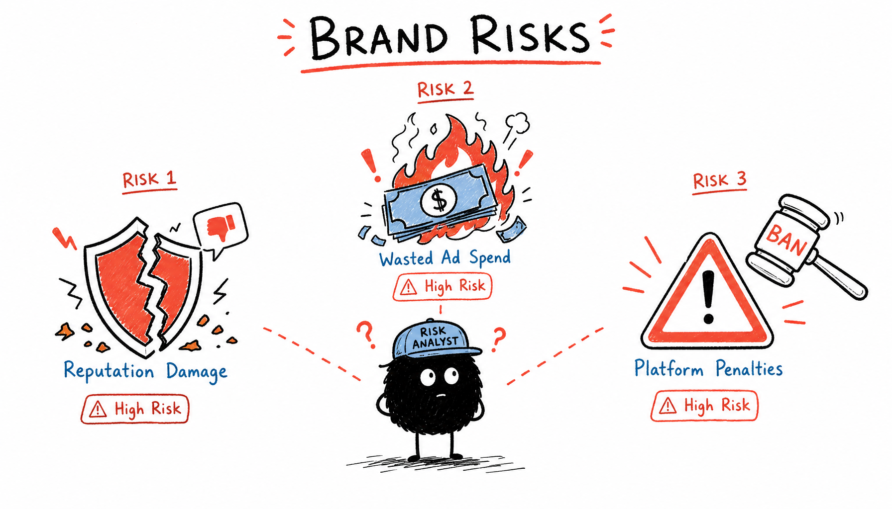 3 brand risk icons: broken reputation shield (Trust Loss), money burning (Wasted Budget), warning triangle (Account Ban) — 小黑 in risk analyst hat examining all three risks