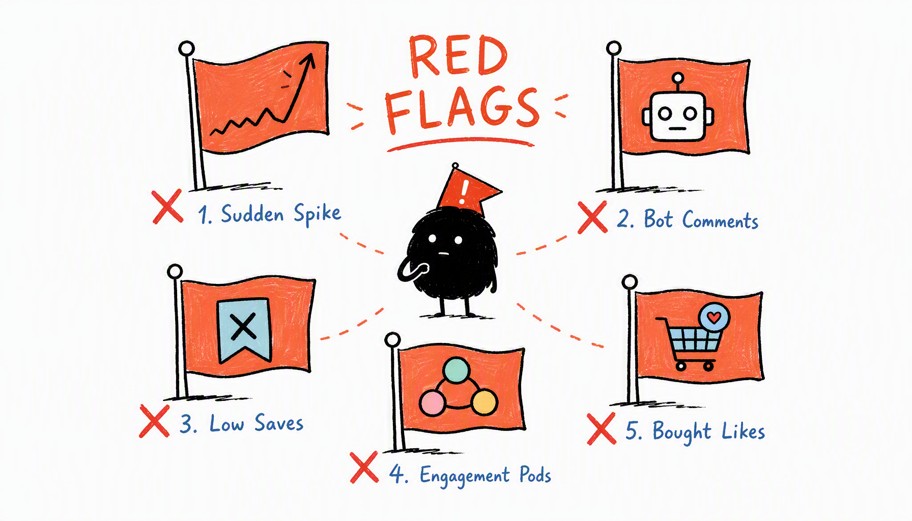 5 red flag warning icons: sudden spike graph, robot face (bot comments), bookmark with X (low saves), linked circles (pods), shopping cart (bought likes) — 小黑 in warning flag hat at center