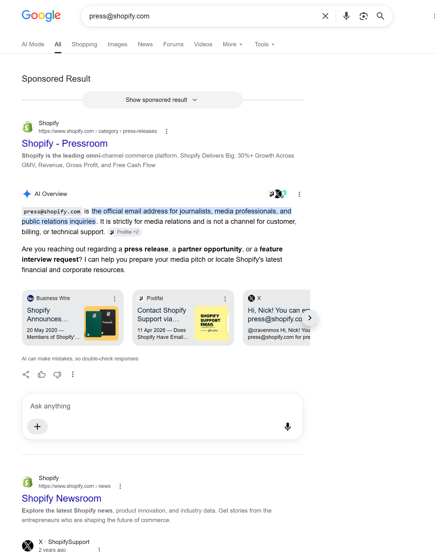 Google search of an email address in quotes returning linked public profiles