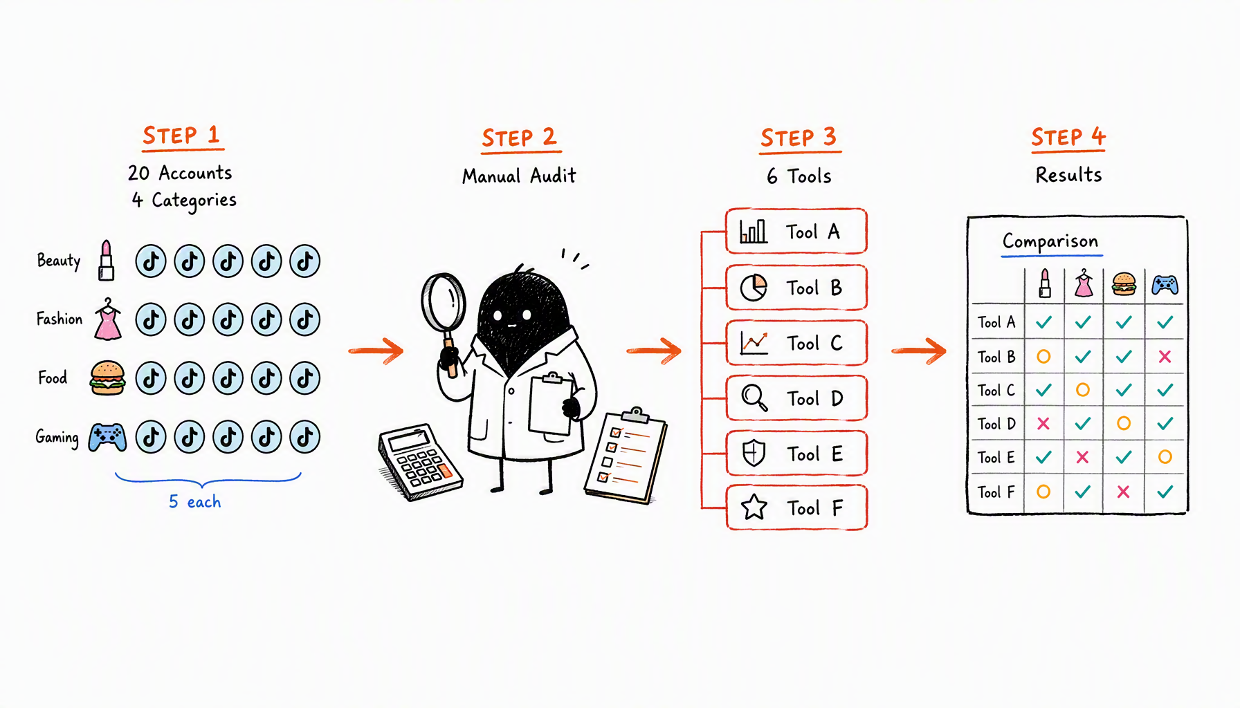 Testing methodology workflow: 20 TikTok accounts (4 categories) → 小黑 in lab coat doing manual audit → 6 tool boxes in parallel → results comparison chart
