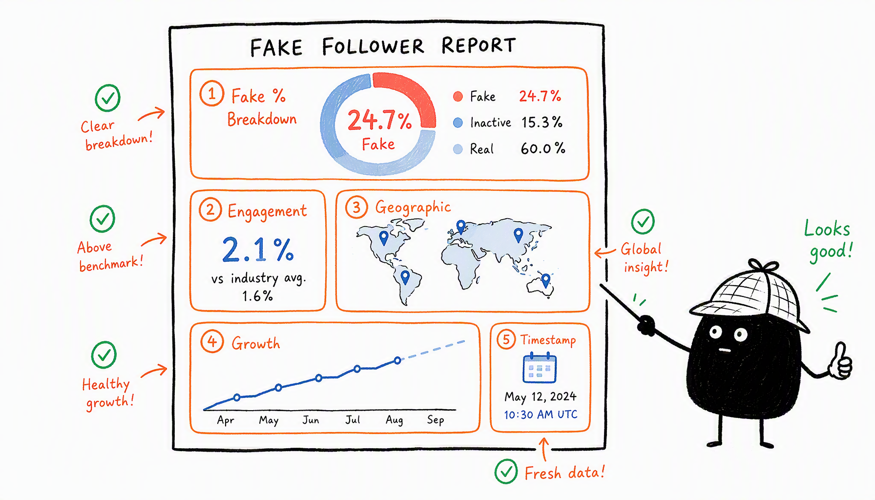 Mock report layout showing 5 essential sections: Fake % breakdown, Engagement benchmark, Geographic map, Growth timeline, Data timestamp — 小黑 in inspector hat pointing at each with checkmarks